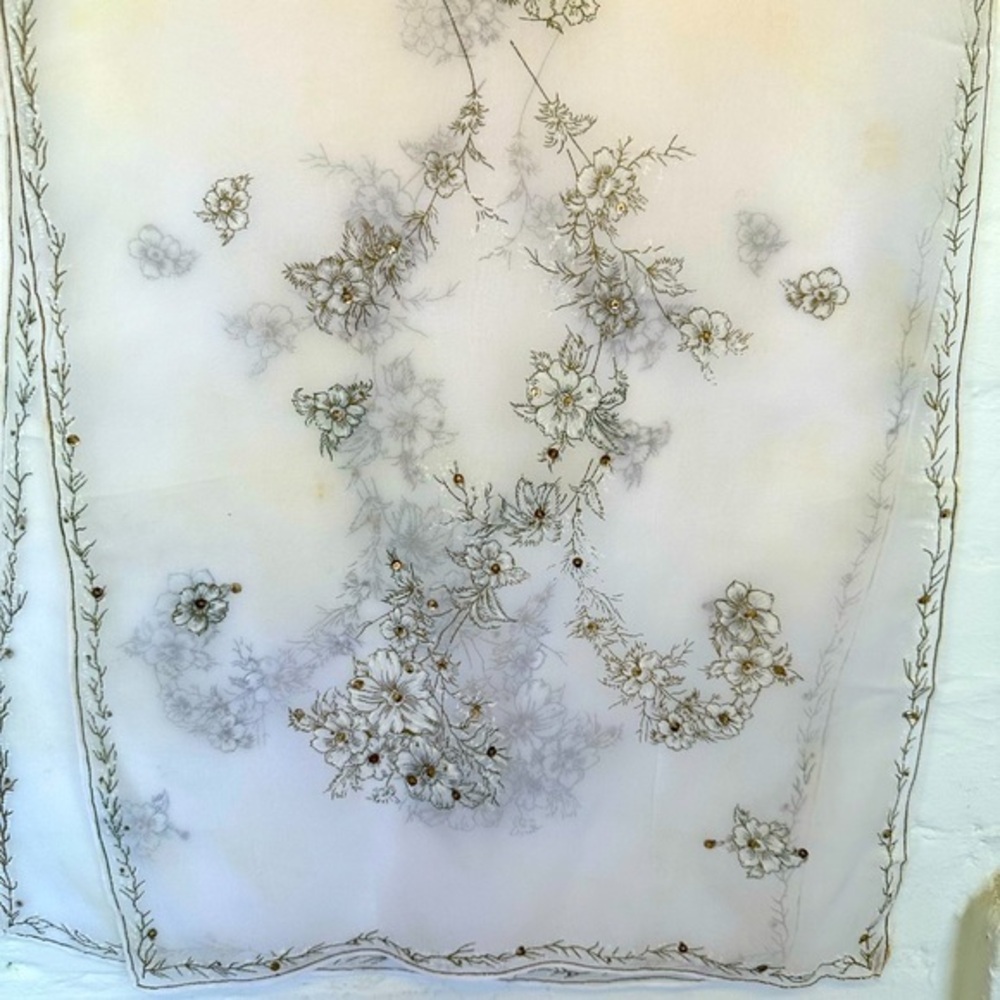 White VTG Scarf Gold Bronze Sequins Floral Print.‎ All Rayon Hand Rolled 42x16